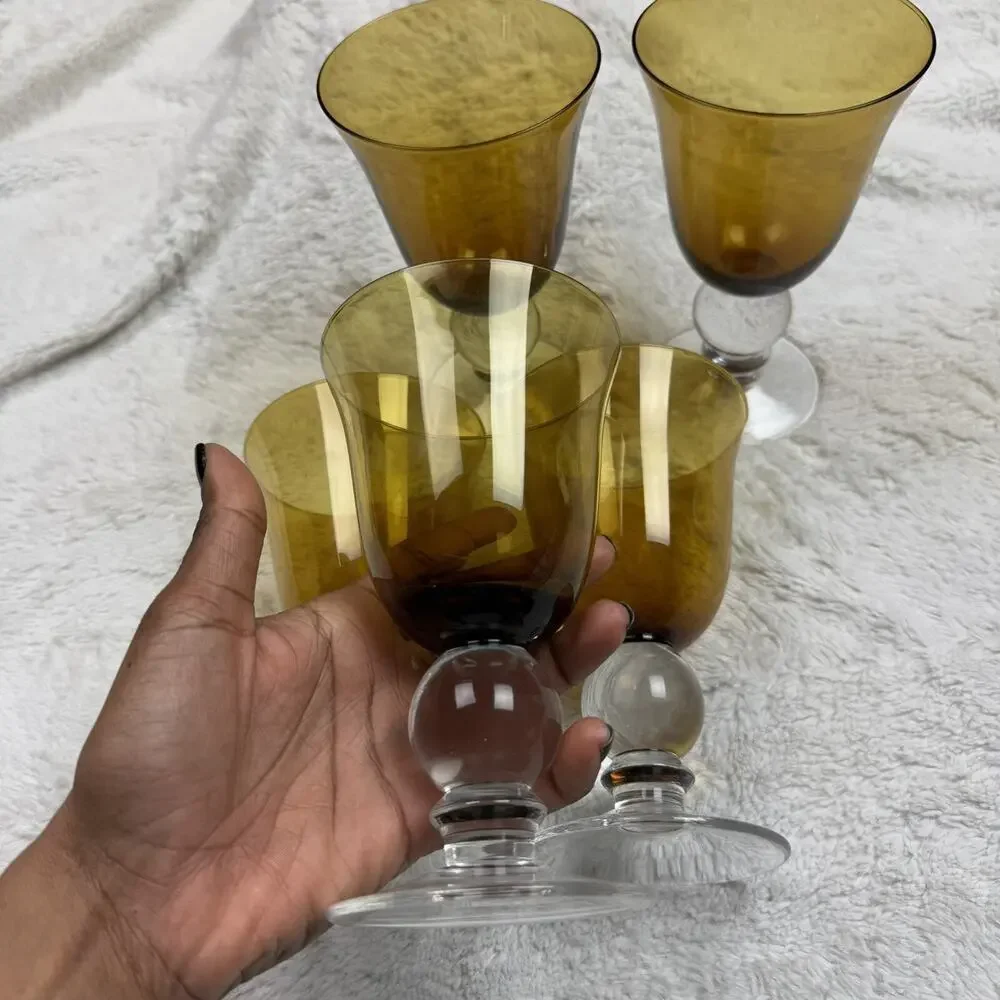 Amber & Clear Glass Iced Tea/Water Goblets Bulbous Stem 12 oz Set Of 5 Vintage